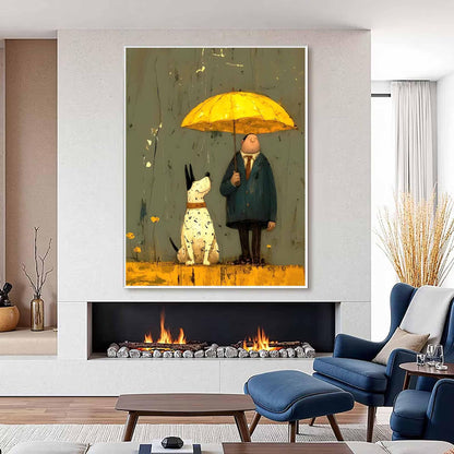 May include: A framed art print depicts a man holding a yellow umbrella, sheltering a spotted dog. The man wears a dark blue coat and a red tie. The dog has a brown collar. The background is a muted green and yellow.
