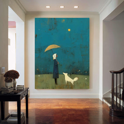 Girl and White Dog Art Under Yellow Umbrella | Hand-painted Abstract Wall Art | Minimalist Blue Landscape Painting | Modern Storybook Decor