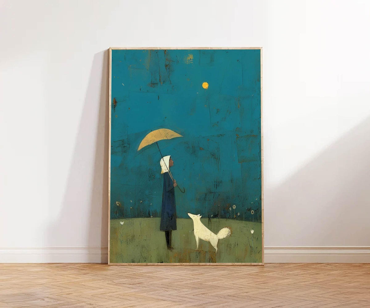 Girl and White Dog Art Under Yellow Umbrella | Hand-painted Abstract Wall Art | Minimalist Blue Landscape Painting | Modern Storybook Decor