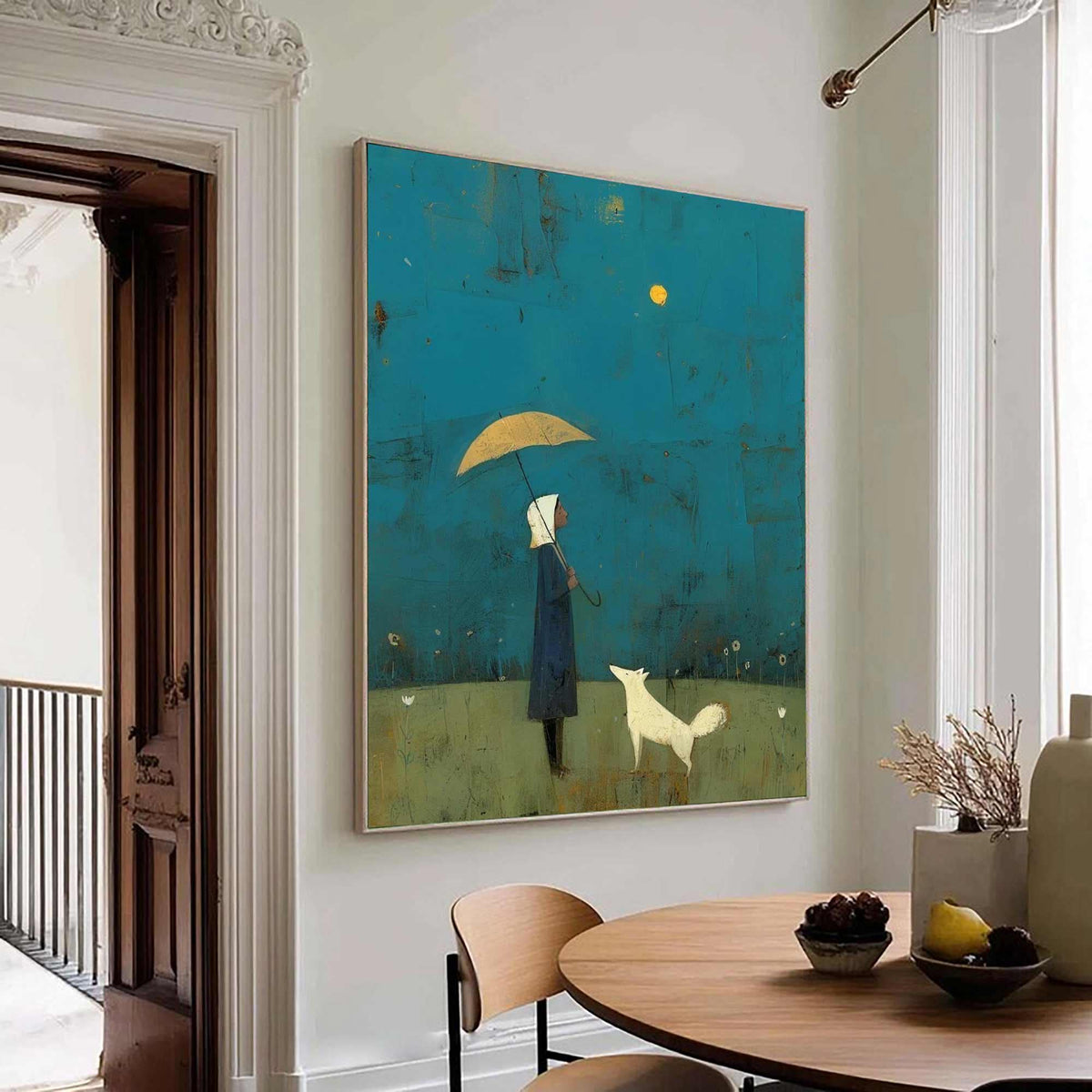 Girl and White Dog Art Under Yellow Umbrella | Hand-painted Abstract Wall Art | Minimalist Blue Landscape Painting | Modern Storybook Decor