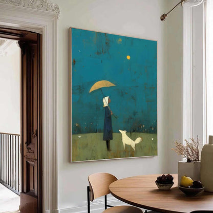 Girl and White Dog Art Under Yellow Umbrella | Hand-painted Abstract Wall Art | Minimalist Blue Landscape Painting | Modern Storybook Decor