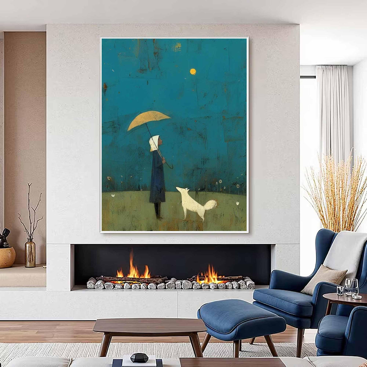 Girl and White Dog Art Under Yellow Umbrella | Hand-painted Abstract Wall Art | Minimalist Blue Landscape Painting | Modern Storybook Decor
