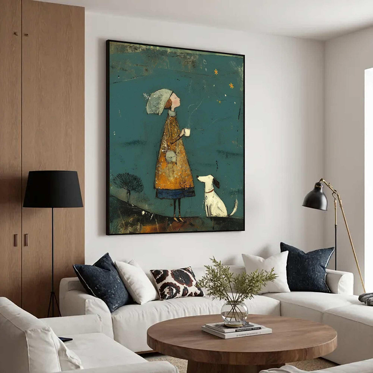 May include: A framed art print depicts a whimsical scene of a person in a long, mustard-colored coat, holding a cup and looking up at stars. A white dog with a black collar sits nearby. The background is teal with a dark border.
