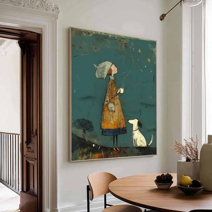 May include: An artistic painting depicts a person in a long yellow dress and hat, holding a cup, gazing at stars. A white dog with a black collar stands nearby. The background is teal with a tree and a few gold stars.
