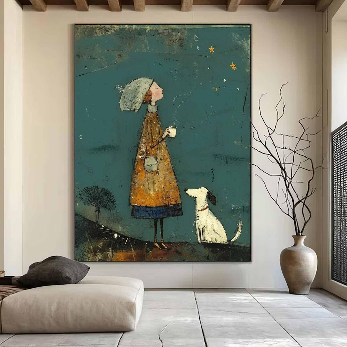 May include: An artistic painting depicts a person in a long, mustard-colored coat, holding a cup, with a white dog. The background is teal with yellow stars. The artwork has a whimsical, storybook feel, suitable for home decor.
