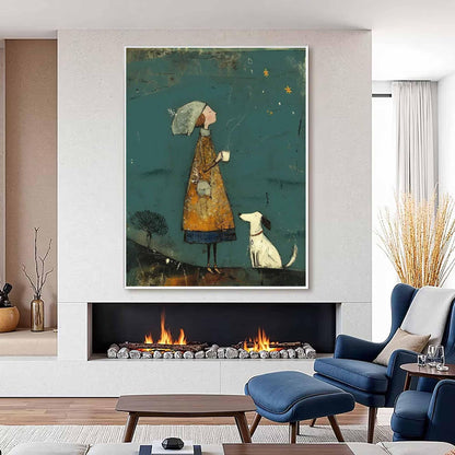 May include: Art print featuring a whimsical illustration of a person in a long coat and hat, holding a cup, with a dog looking up at them. The background is teal with stars, and the artwork is framed in white.