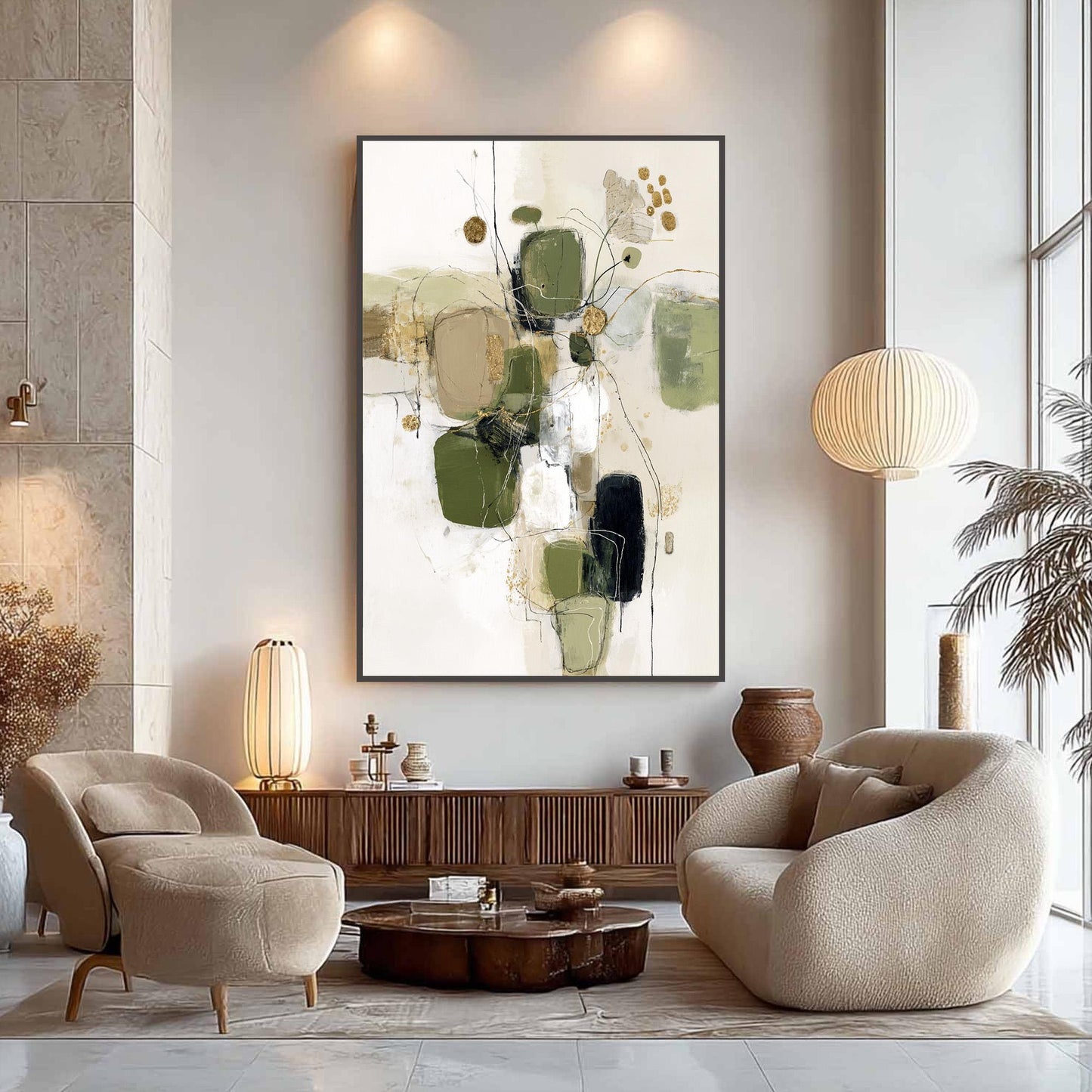 Sage and Green Japandi Textured Abstract Minimalist Wall Art – Green and Gold