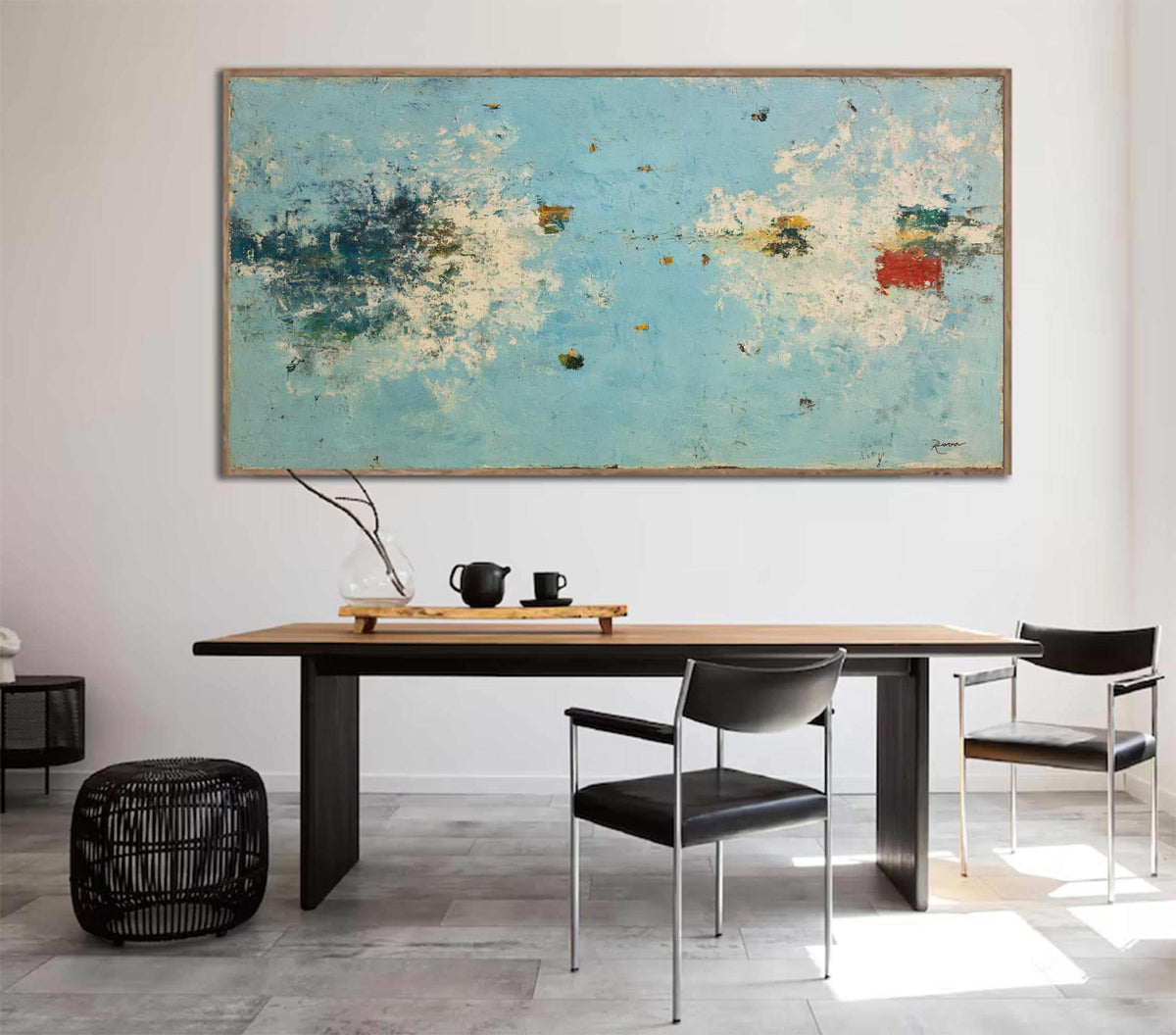 Large Blue Abstract Wall Art Textured Coastal Canvas Painting for Modern Living Room Decor