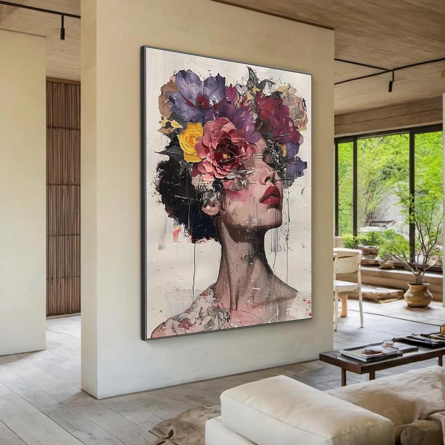 Abstract Woman Portrait Painting, Floral Crown, Textured Handmade Canvas Art – Female Figure Portrait Wall Art | Abstract Tex