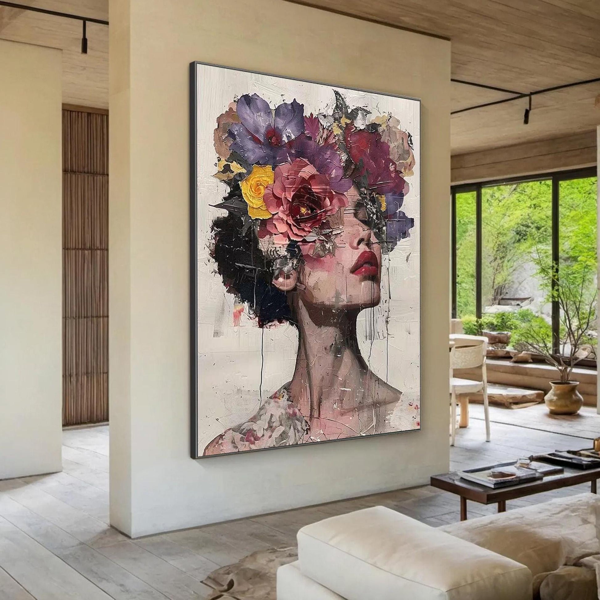 Abstract Woman Portrait Painting, Floral Crown, Textured Handmade Canvas Art – Female Figure Portrait Wall Art | Abstract Tex