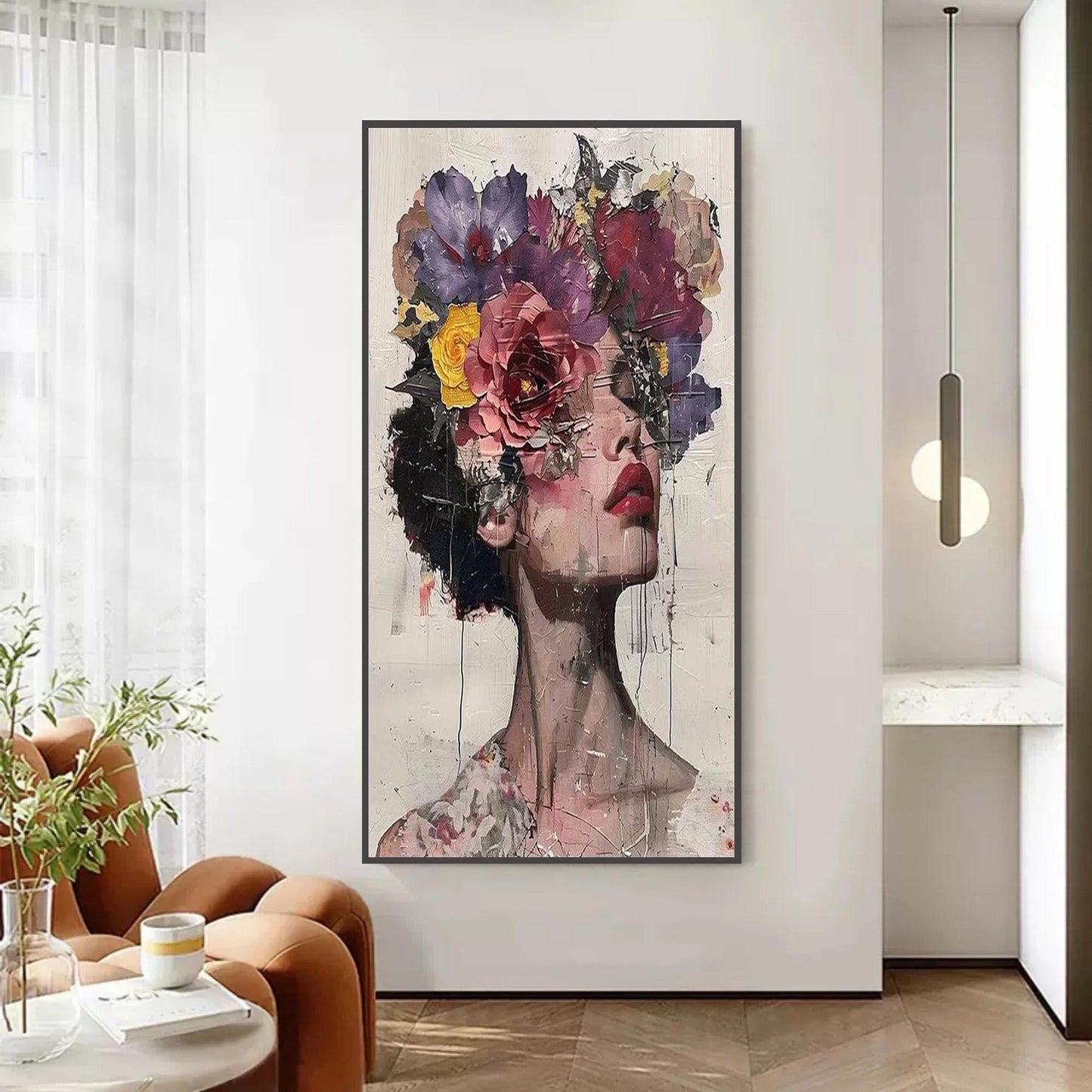 Abstract Woman Portrait Painting, Floral Crown, Textured Handmade Canvas Art – Female Figure Portrait Wall Art | Abstract Tex
