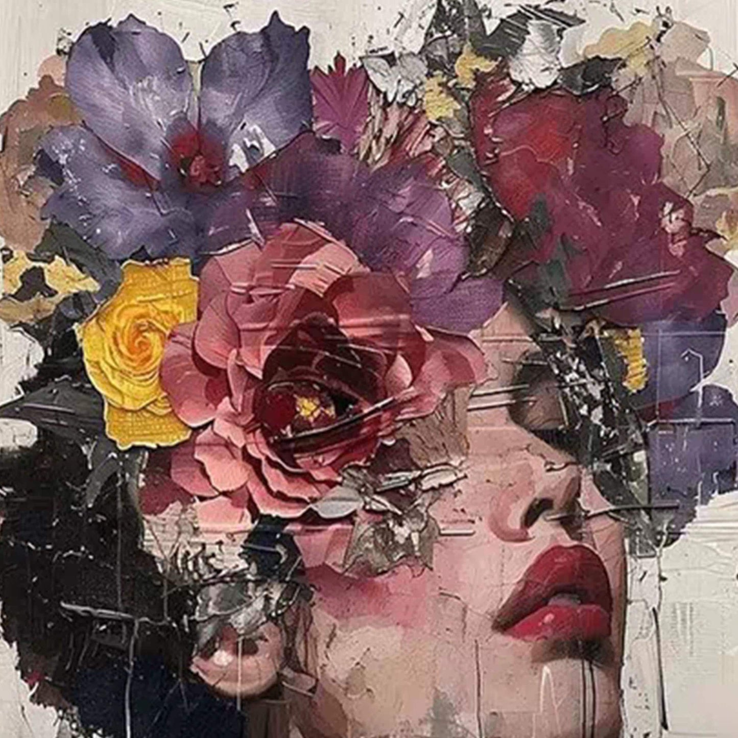 Abstract Woman Portrait Painting, Floral Crown, Textured Handmade Canvas Art – Female Figure Portrait Wall Art | Abstract Tex