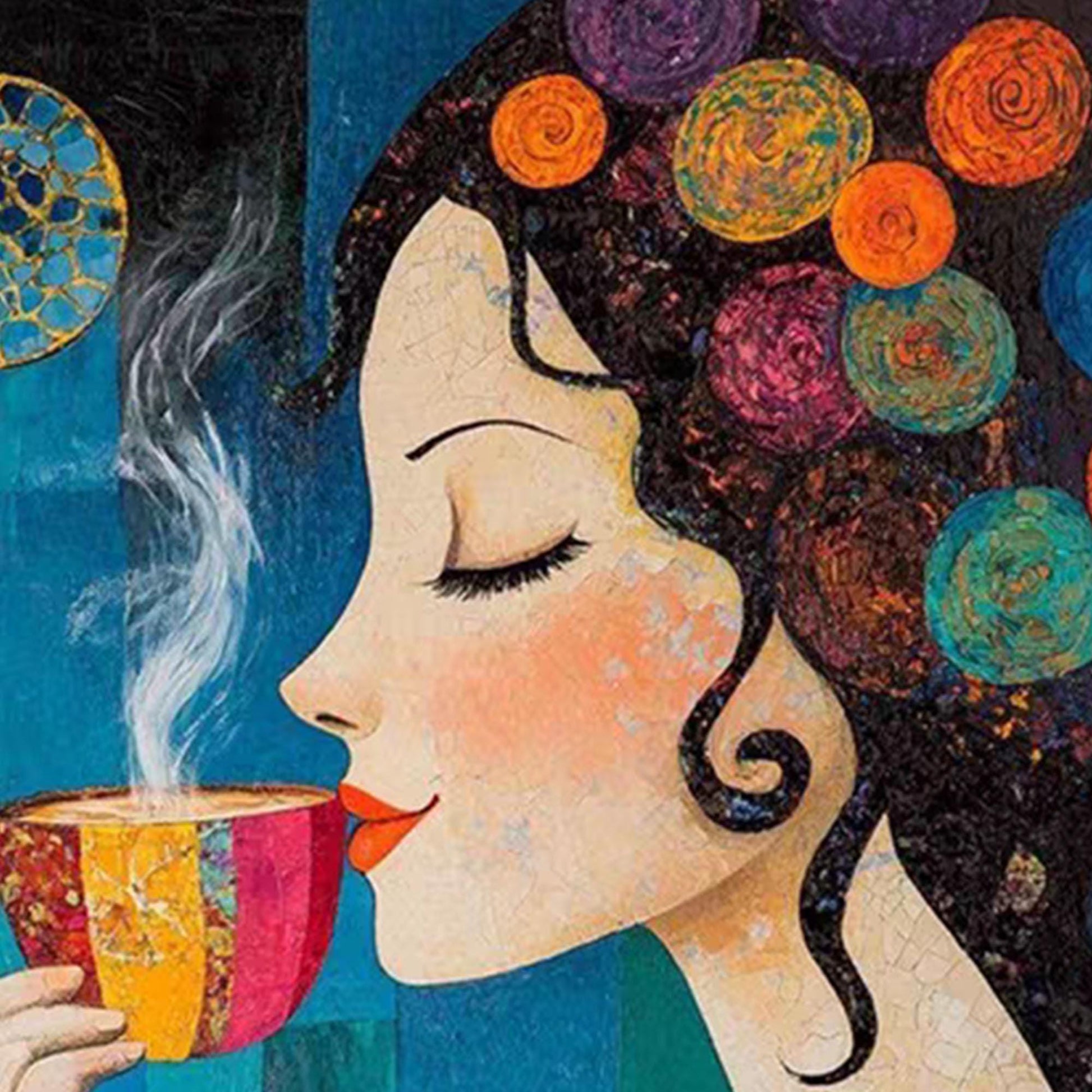 Whimsical Woman with Coffee – Colorful Coffee Abstract Wall Art | Textured Hand-Painted Oil Painting, view 5