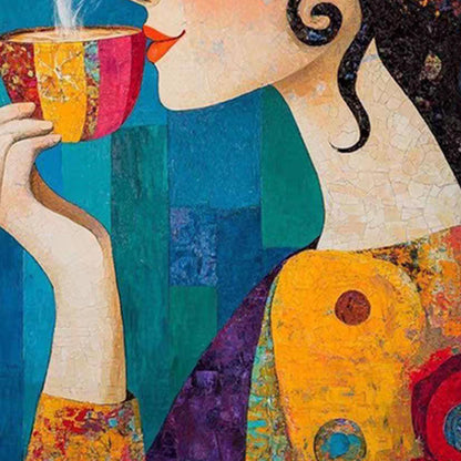 Colorful Textured Coffee Abstract Wall Art – Whimsical Woman with Coffee