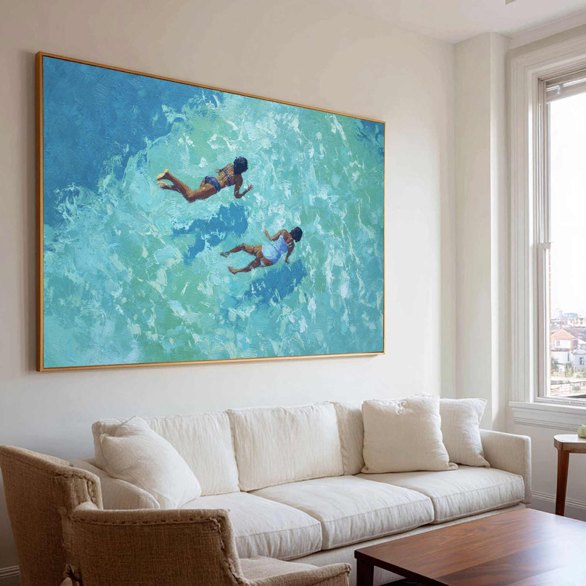 Two Ocean Swimmers Wall Art Turquoise Water Canvas Painting for Coastal Living Room Decor