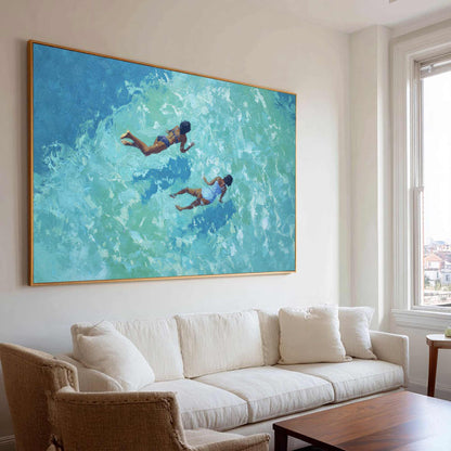 Two Ocean Swimmers Wall Art Turquoise Water Canvas Painting for Coastal Living Room Decor