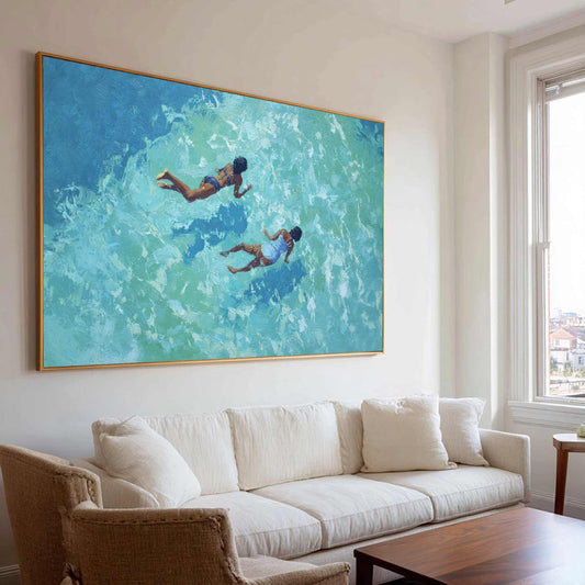 Two Ocean Swimmers Wall Art Turquoise Water Canvas Painting for Coastal Living Room Decor