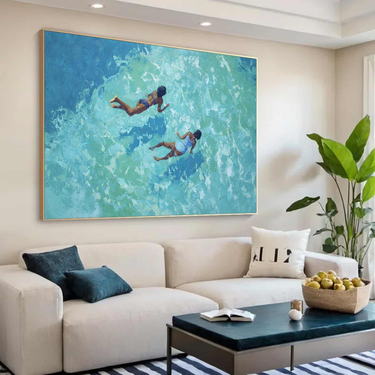 Two Ocean Swimmers Wall Art Turquoise Water Canvas Painting for Coastal Living Room Decor