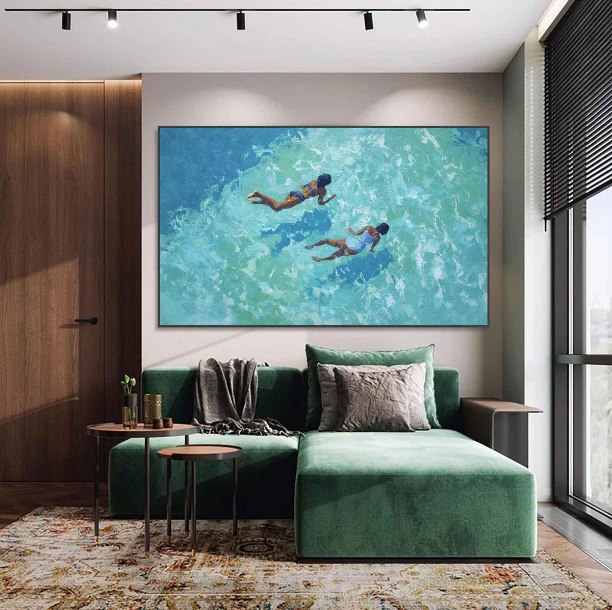 Two Ocean Swimmers Wall Art Turquoise Water Canvas Painting for Coastal Living Room Decor