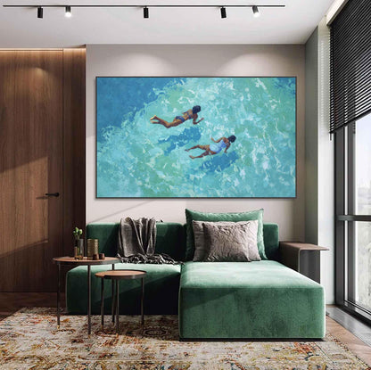 Two Ocean Swimmers Wall Art Turquoise Water Canvas Painting for Coastal Living Room Decor