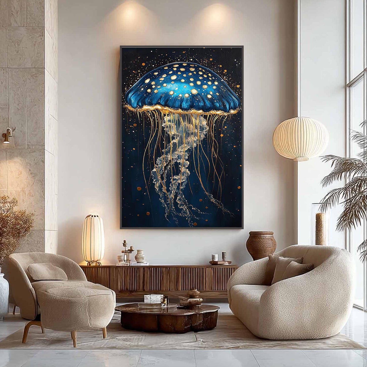 Navy and Gold Abstract Textured Jellyfish Ocean Wall Art Painting