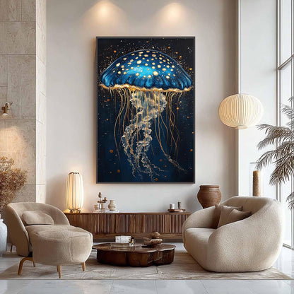 Navy and Gold Abstract Textured Jellyfish Ocean Wall Art Painting