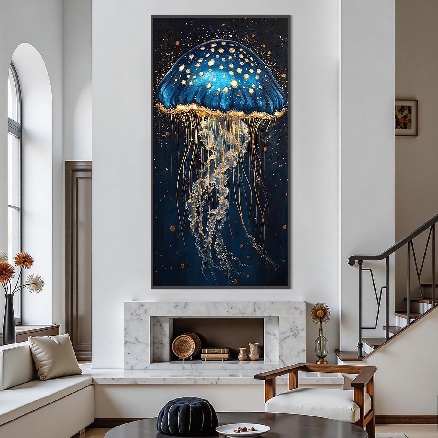 Navy and Gold Abstract Textured Jellyfish Ocean Wall Art Painting
