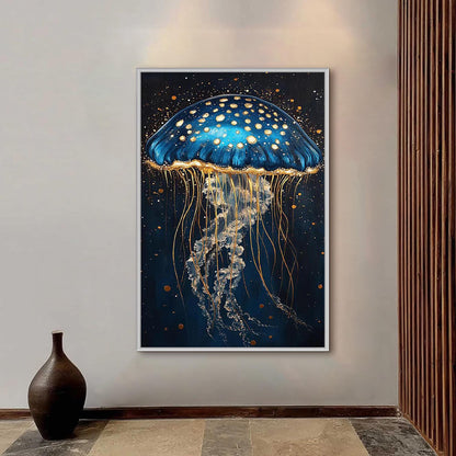 Blue Gold Jellyfish Painting – Navy and Gold Jellyfish Ocean Wall Art | Abstract Textured Hand-Painted Painting, view 1