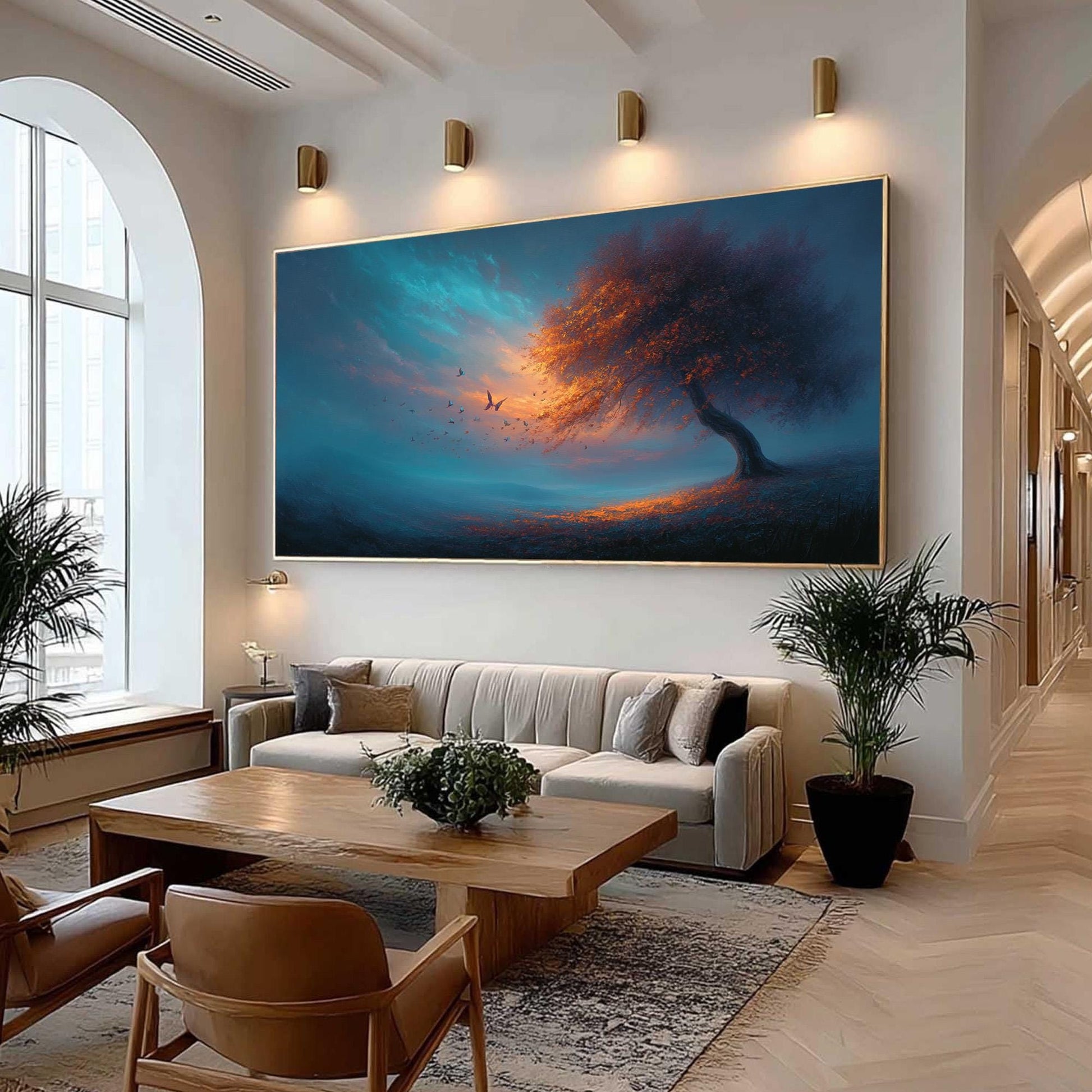 Surreal Butterfly Tree Painting, Teal and Orange Art, Large Fantasy Landscape, Magical Tree of Life Wall Art, Moody Living Ro