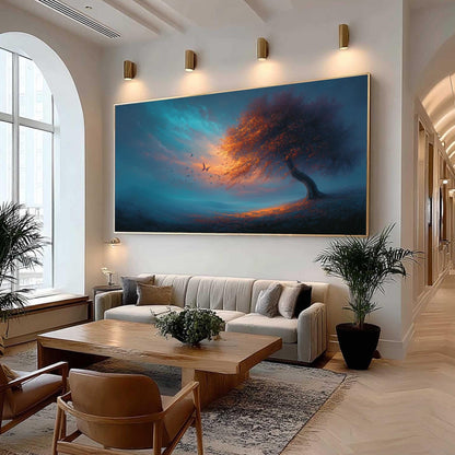 Surreal Butterfly Tree Painting, Teal and Orange Art, Large Fantasy Landscape, Magical Tree of Life Wall Art, Moody Living Ro