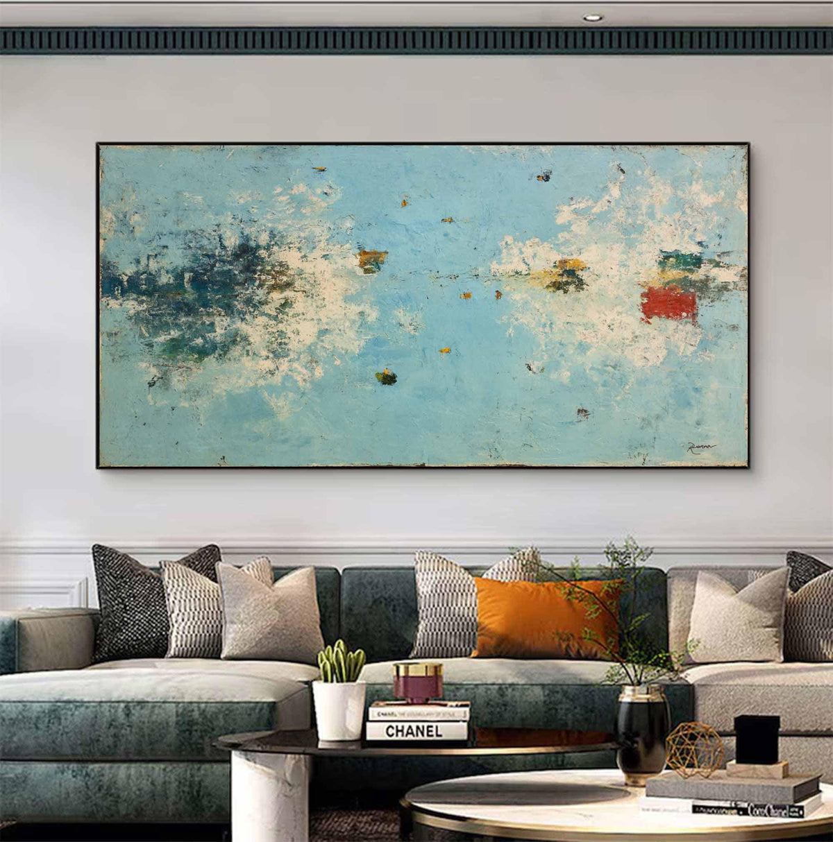 Large Blue Abstract Wall Art Textured Coastal Canvas Painting for Modern Living Room Decor