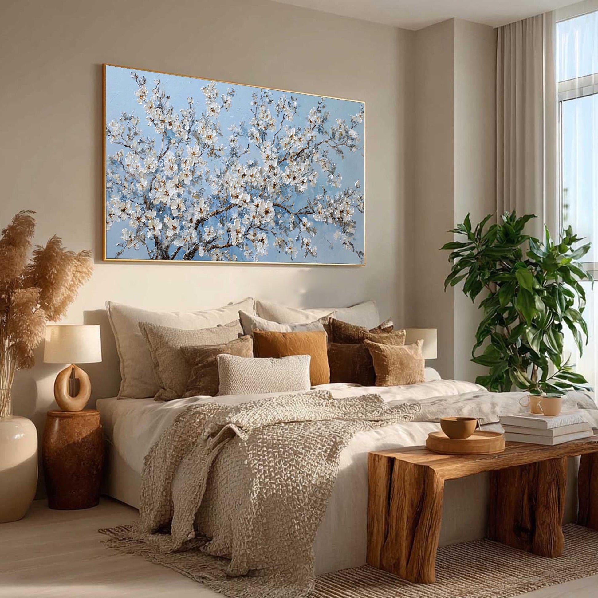 White Cherry Blossom – Blue and White Cherry Blossom Floral Wall Art | Impasto Hand-Painted Painting, view 2