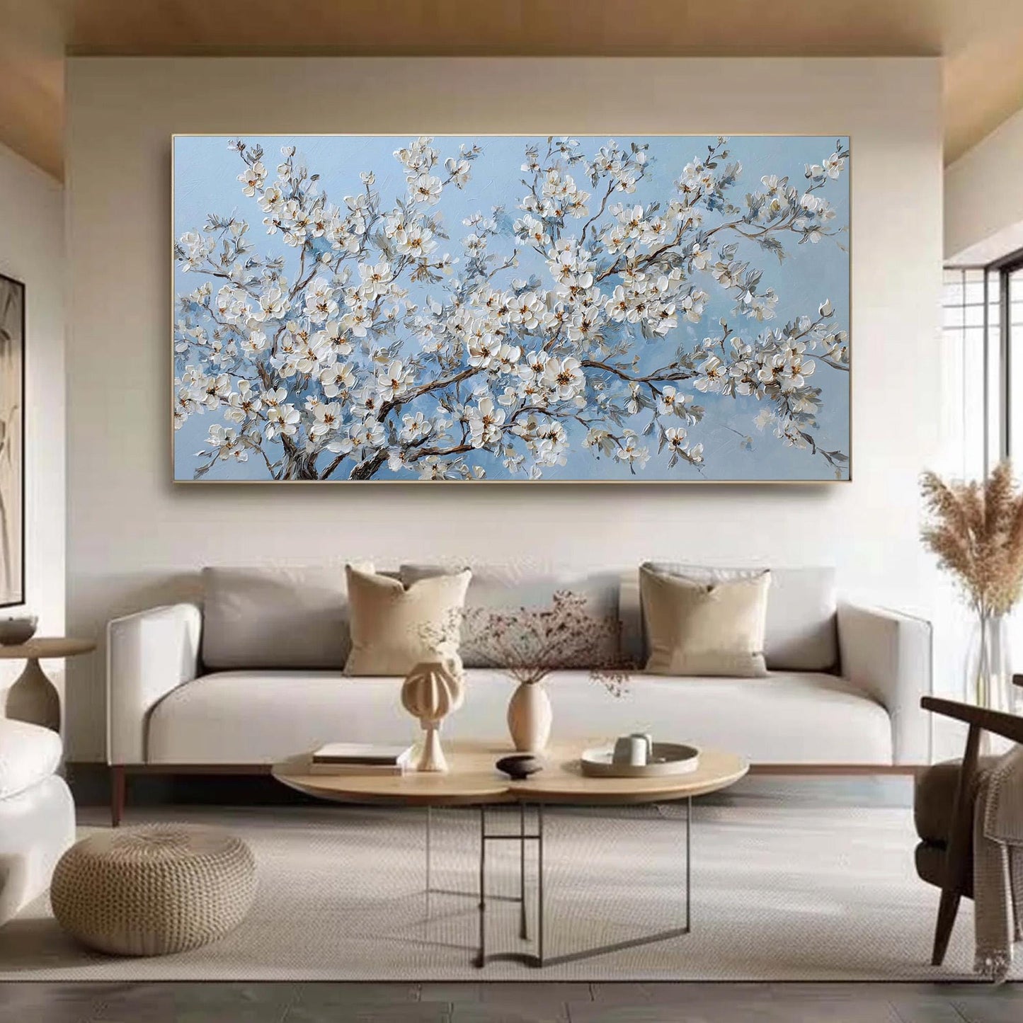 Blue and White Impasto Cherry Blossom Floral Wall Art