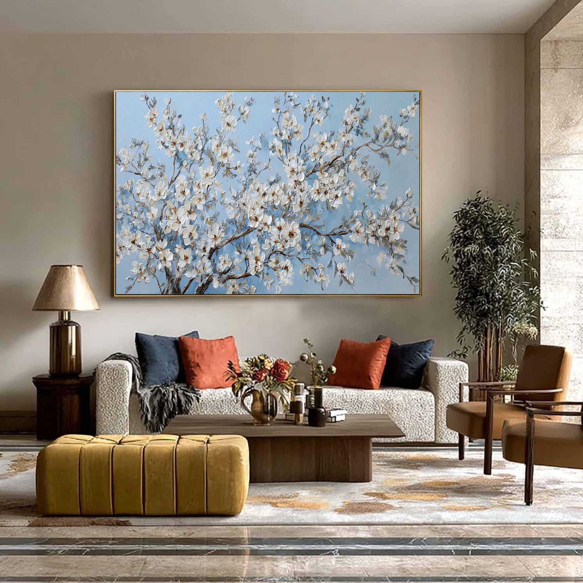 White Cherry Blossom – Blue and White Cherry Blossom Floral Wall Art | Impasto Hand-Painted Painting, view 4