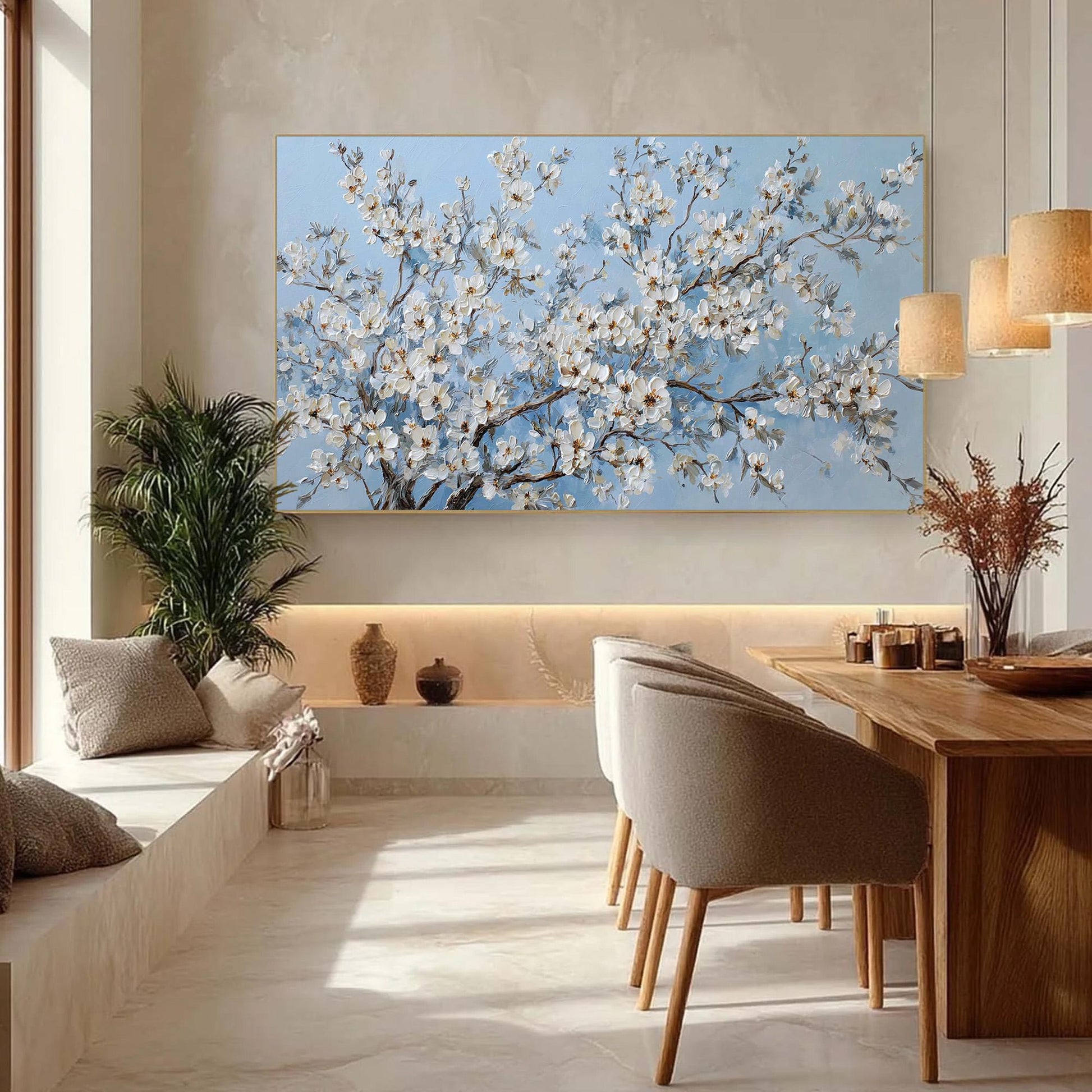 White Cherry Blossom – Blue and White Cherry Blossom Floral Wall Art | Impasto Hand-Painted Painting, view 1