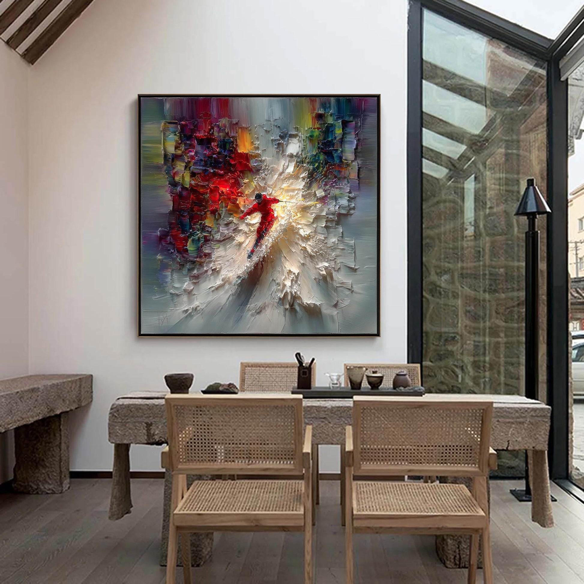Textured Skiing Painting Impasto Wall Art, Abstract Skier Oil Painting, Large Colorful Art, Dynamic Winter Sports Decor, Mode
