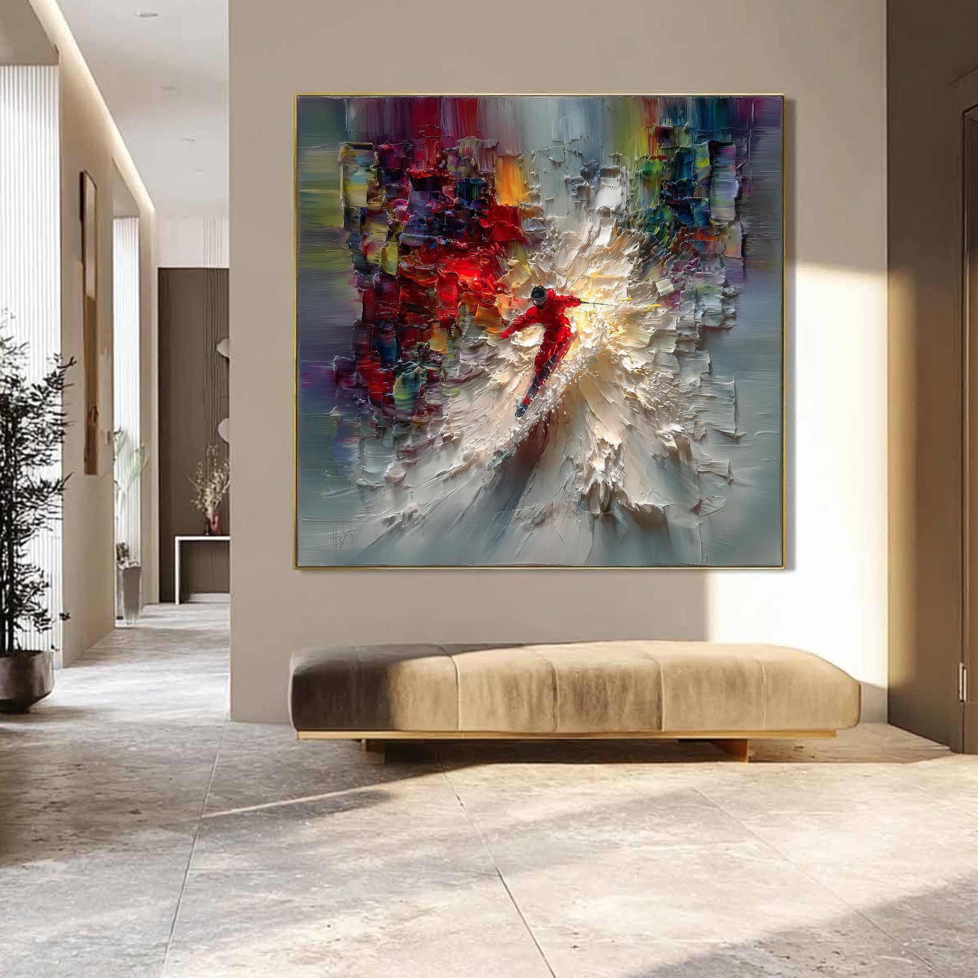 Textured Skiing Painting Impasto Wall Art, Abstract Skier Oil Painting, Large Colorful Art, Dynamic Winter Sports Decor, Mode