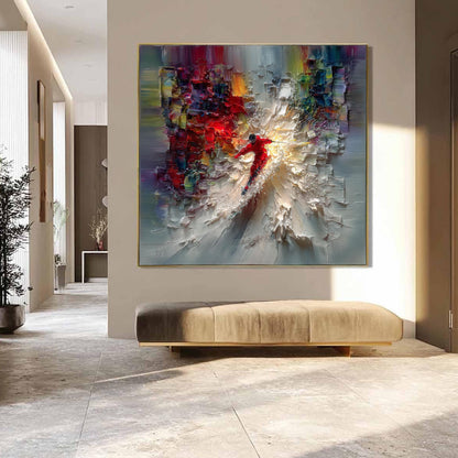 Textured Skiing Painting Impasto Wall Art, Abstract Skier Oil Painting, Large Colorful Art, Dynamic Winter Sports Decor, Mode