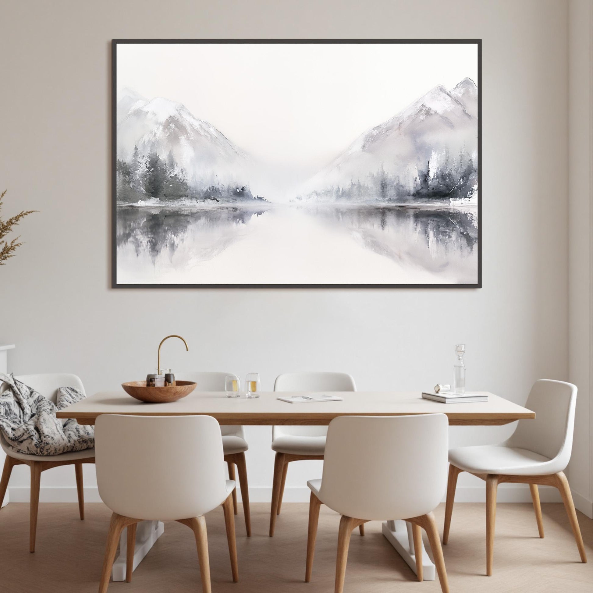 Abstract Mountain Painting Panoramic Landscape Art White and Grey Decor Large Lake Reflection Wall Art Original Oil Painting 
