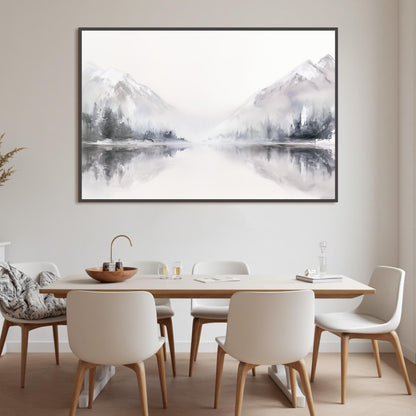 Abstract Mountain Painting Panoramic Landscape Art White and Grey Decor Large Lake Reflection Wall Art Original Oil Painting 