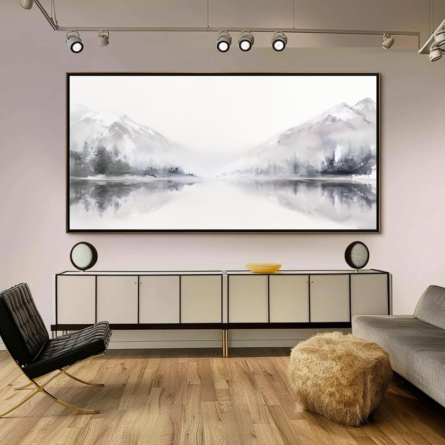 Panoramic Grey and White Minimalist Lake Landscape Wall Art