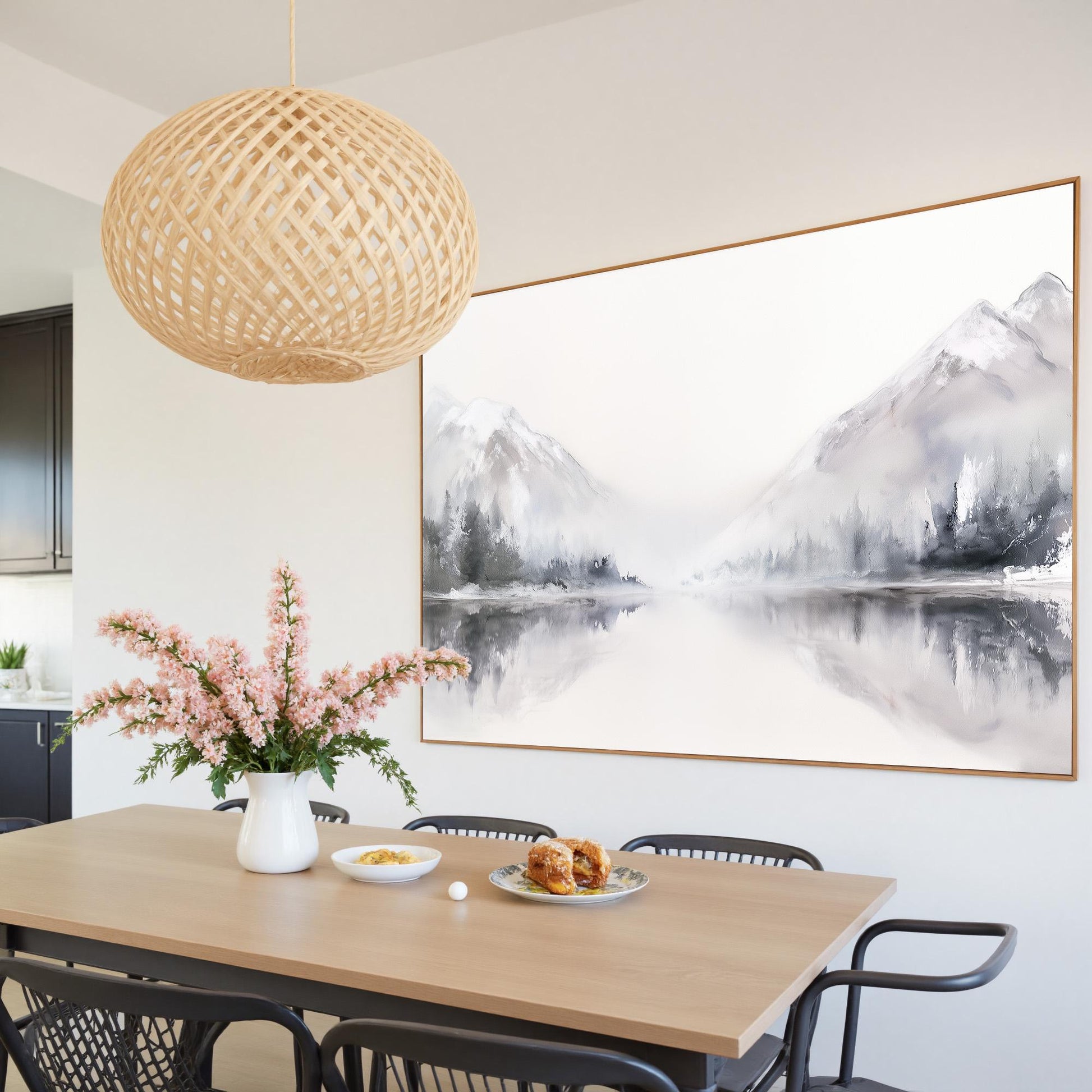 Abstract Mountain Painting Panoramic Landscape Art White and Grey Decor Large Lake Reflection Wall Art Original Oil Painting 