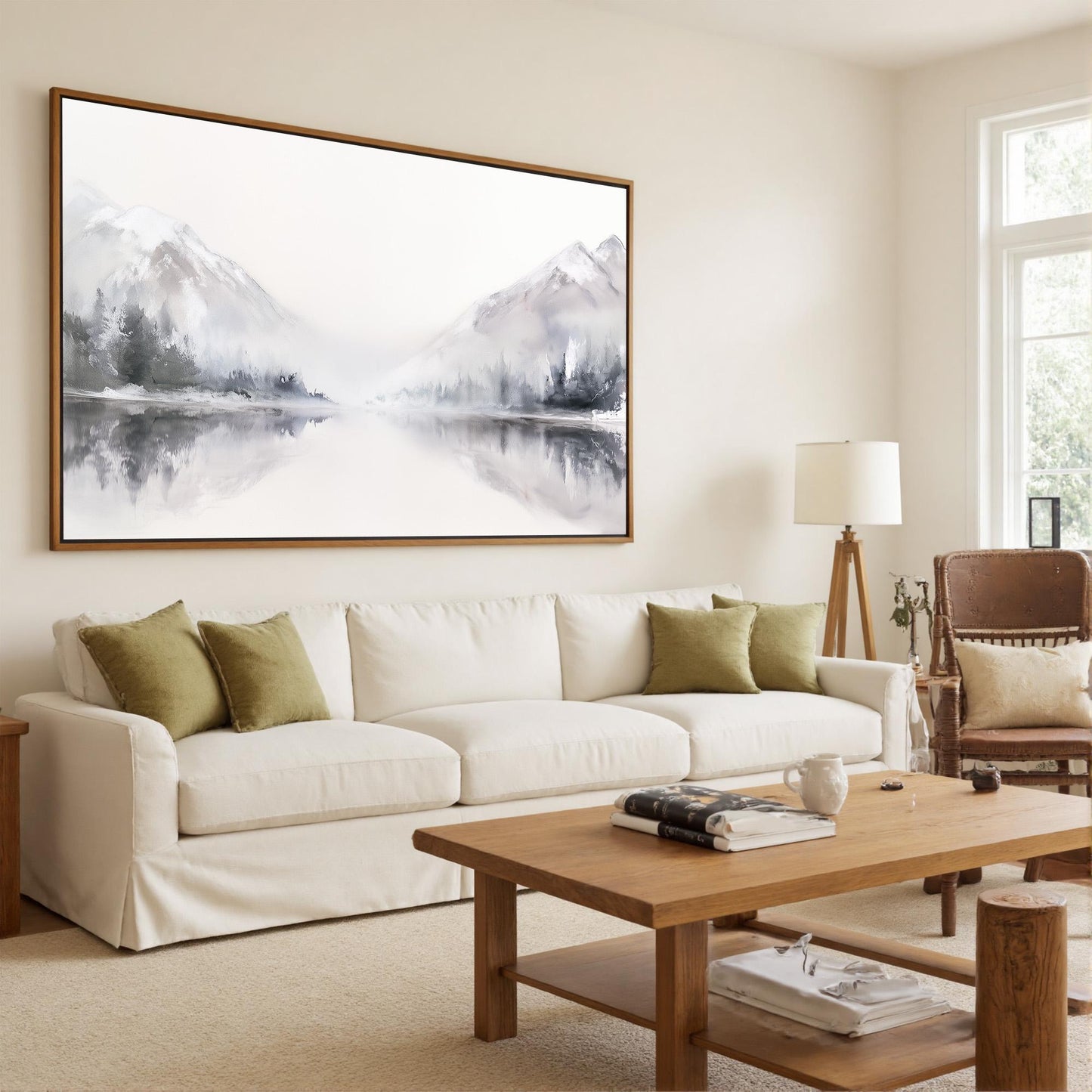 Abstract Mountain Painting Panoramic Landscape Art White and Grey Decor Large Lake Reflection Wall Art Original Oil Painting 