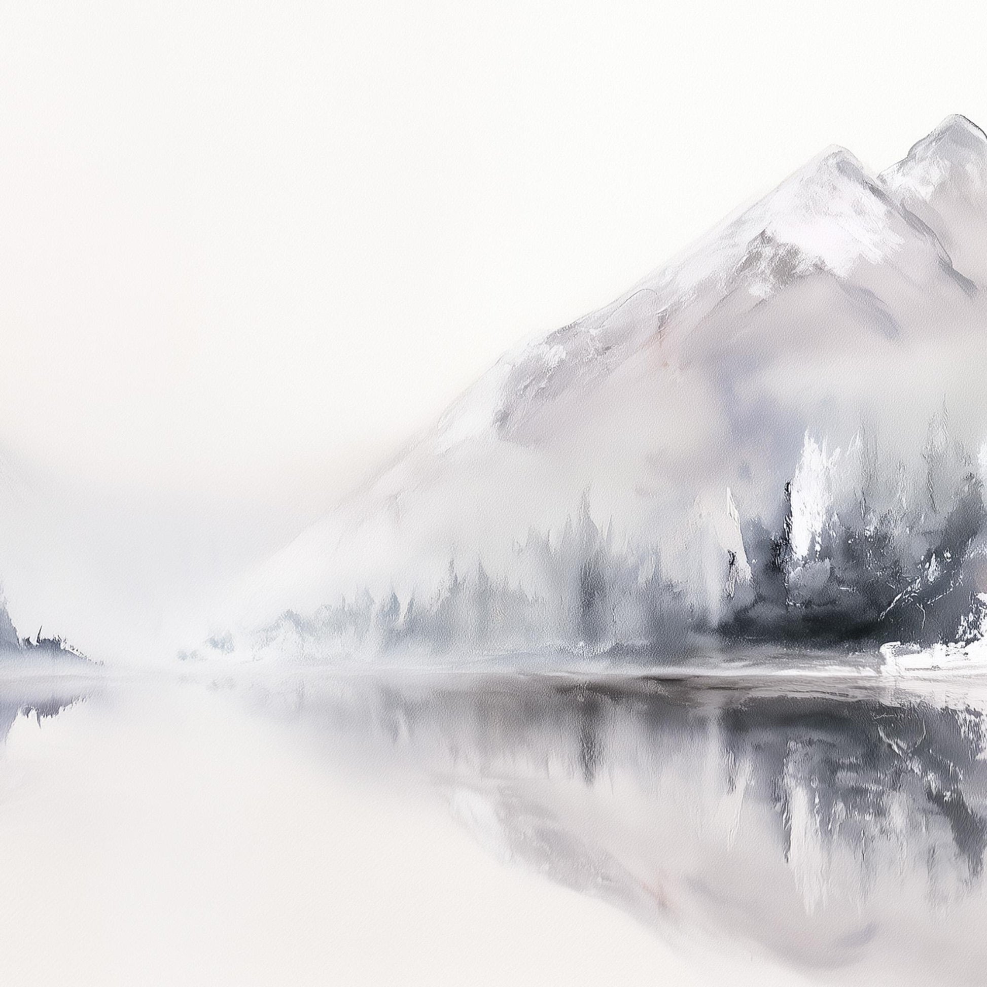Abstract Mountain Painting Panoramic Landscape Art White and Grey Decor Large Lake Reflection Wall Art Original Oil Painting 