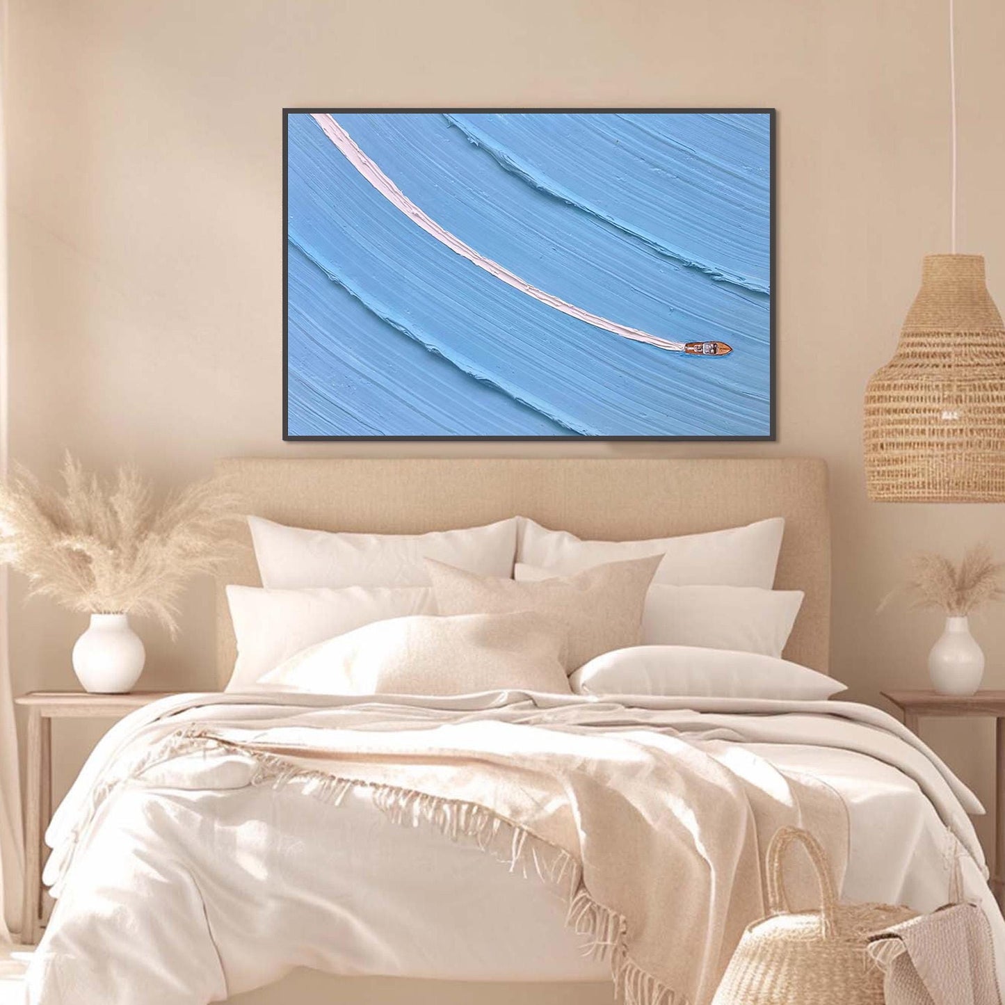 Blue Impasto Ship Minimalist Wall Art – Textured Boat Painting