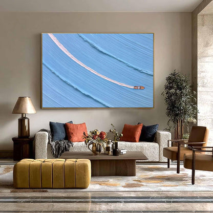 Blue Impasto Ship Minimalist Wall Art – Textured Boat Painting