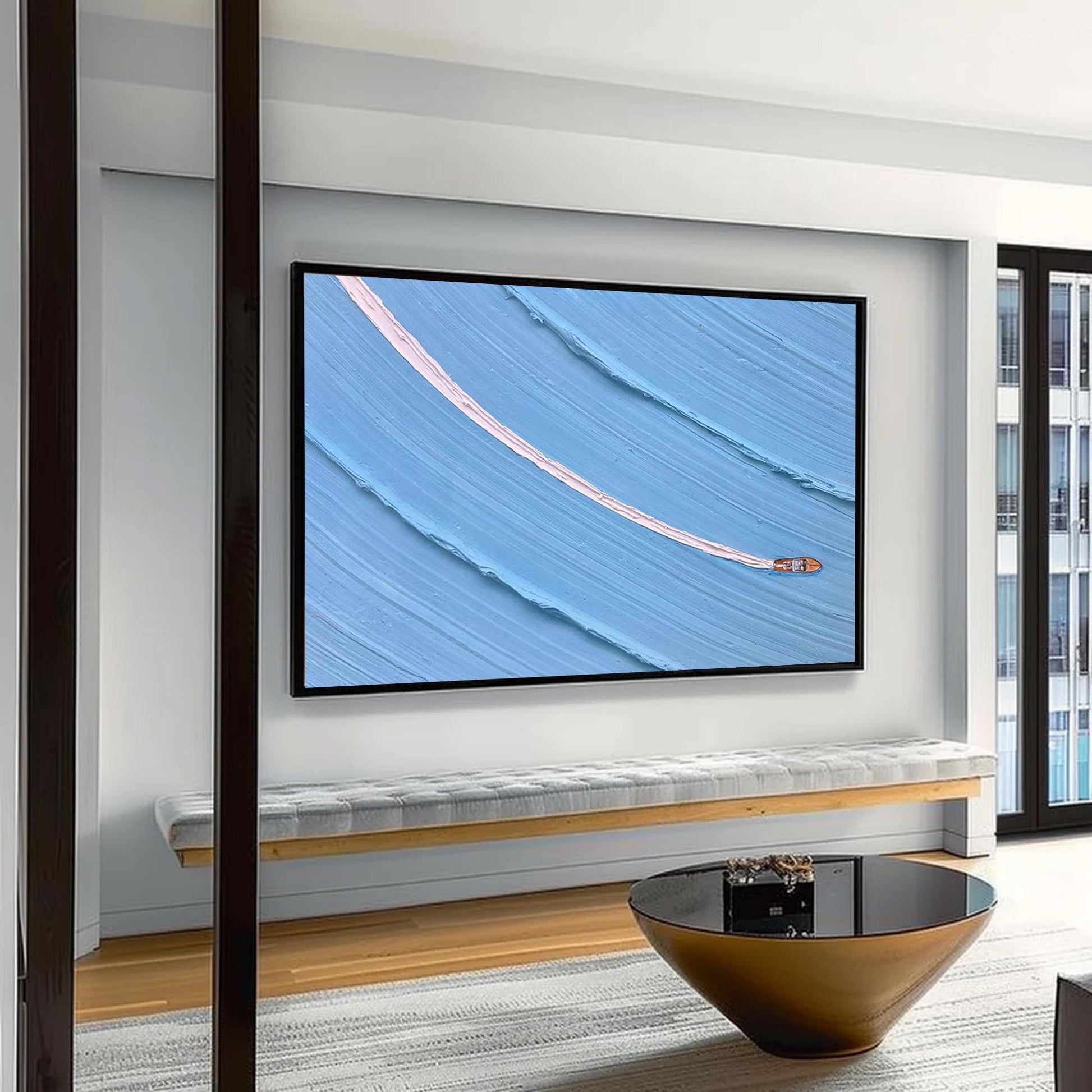 Textured Boat Painting, Minimalist Ocean Impasto Seascape, Coastal Canvas Art – Blue Ship Minimalist Wall Art | Impasto Paint
