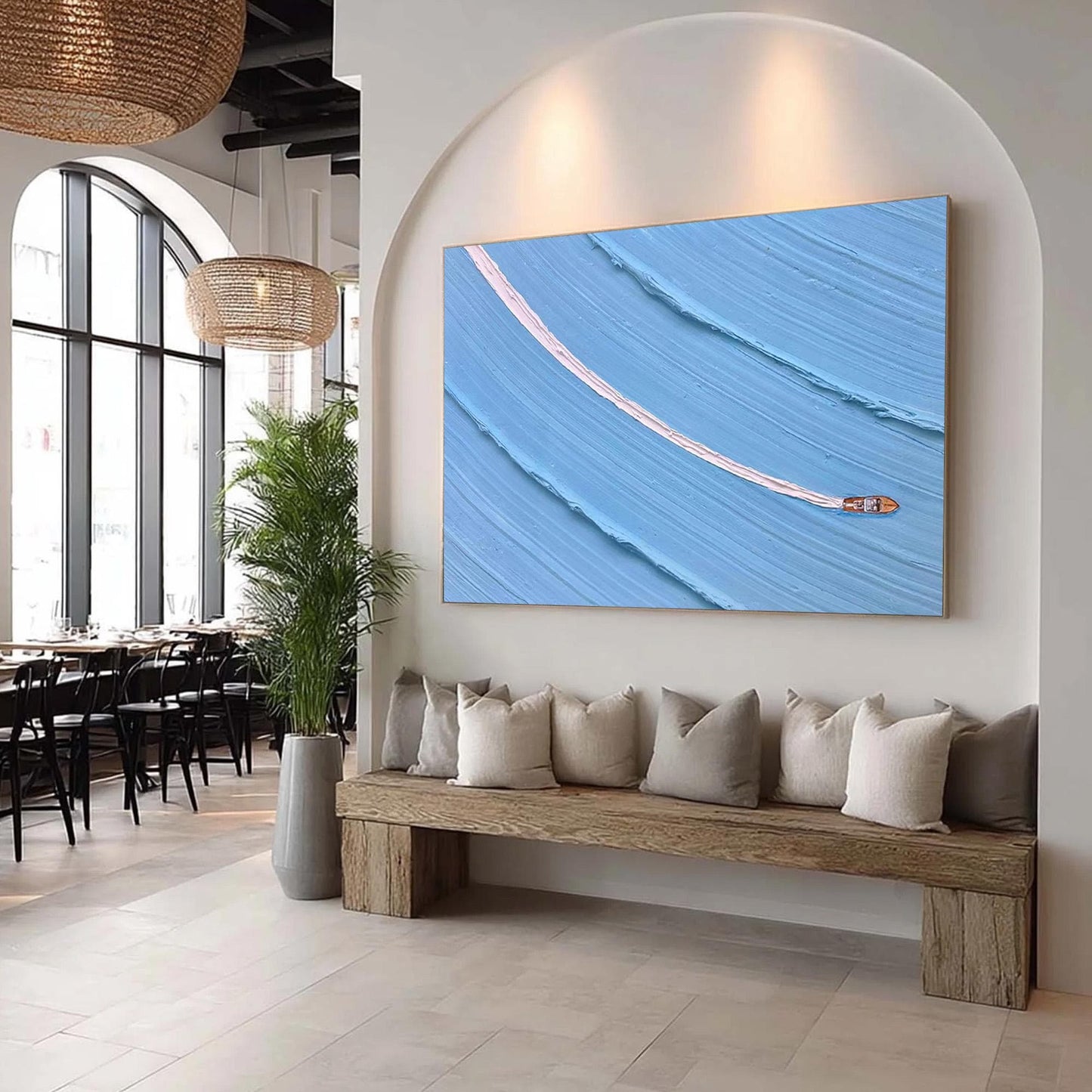 Textured Boat Painting, Minimalist Ocean Impasto Seascape, Coastal Canvas Art – Blue Ship Minimalist Wall Art | Impasto Paint