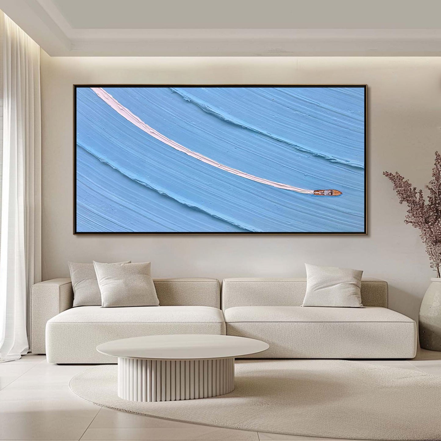 Textured Boat Painting, Minimalist Ocean Impasto Seascape, Coastal Canvas Art – Blue Ship Minimalist Wall Art | Impasto Paint