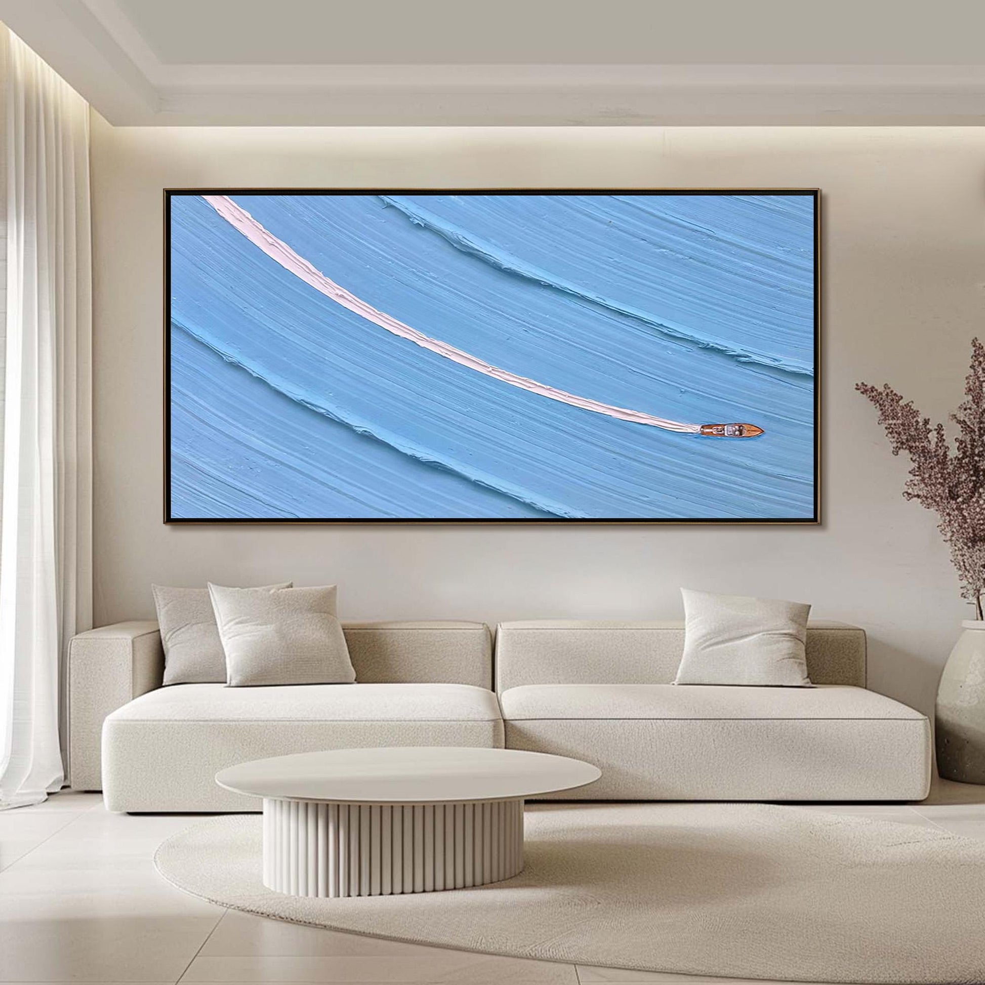 Textured Boat Painting, Minimalist Ocean Impasto Seascape, Coastal Canvas Art – Blue Ship Minimalist Wall Art | Impasto Paint